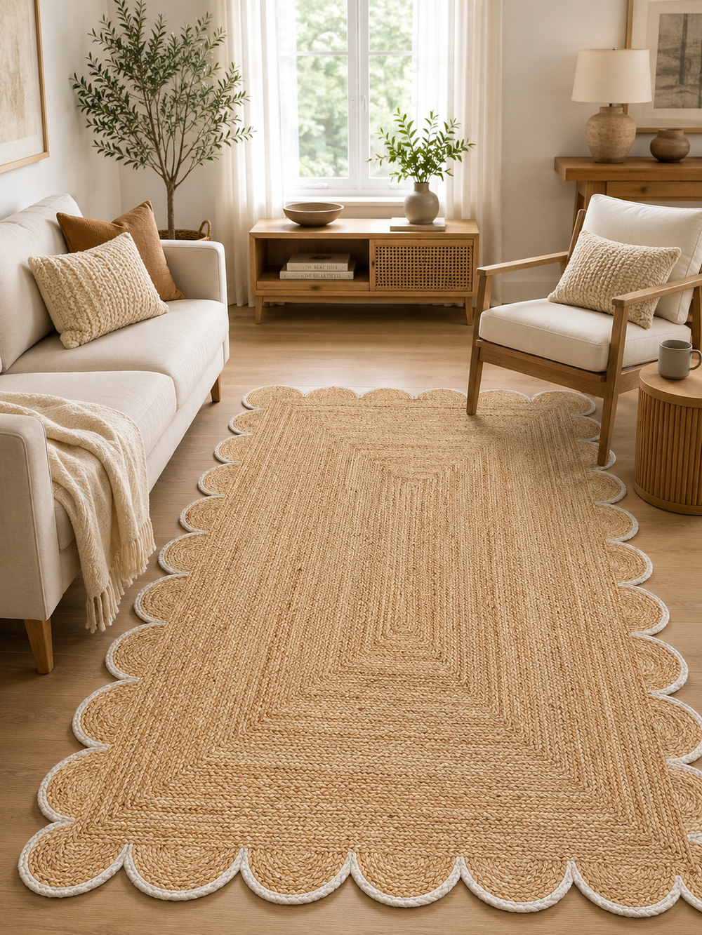 Handwoven Natural Jute Area Rug with Scalloped Border Handmade Braided Boho Farmhouse Rug