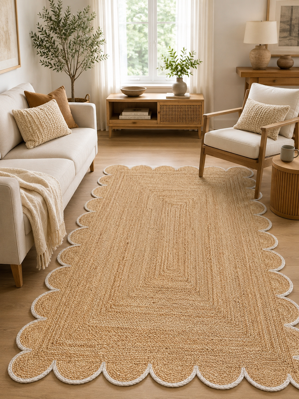 Handwoven Natural Jute Area Rug with Scalloped Border Handmade Braided Boho Farmhouse Rug