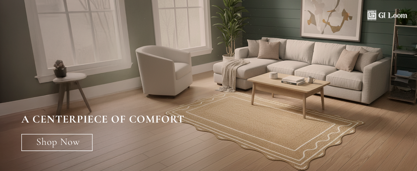 Scalloped Jute Area Rug with White Wavy BorderHandcrained Natural Boho Accent - a4