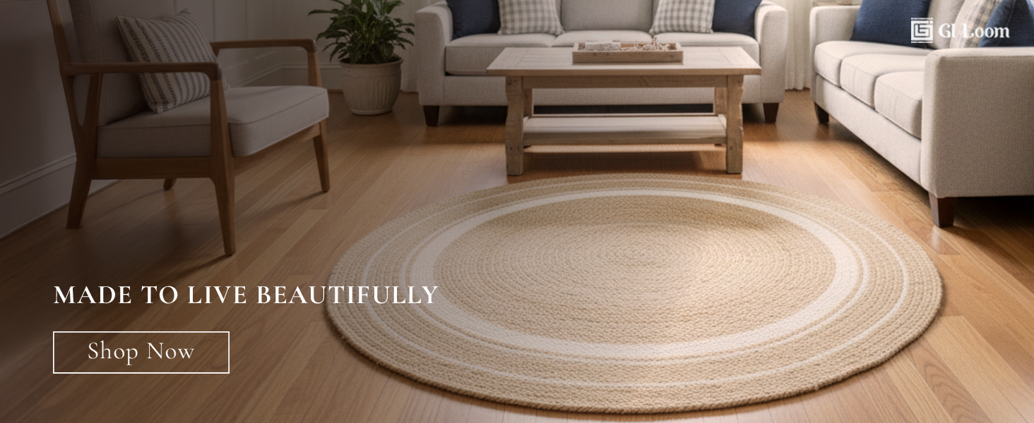 Round Jute Rug with White AccentsHandbraided Boho Chic Decor - a3