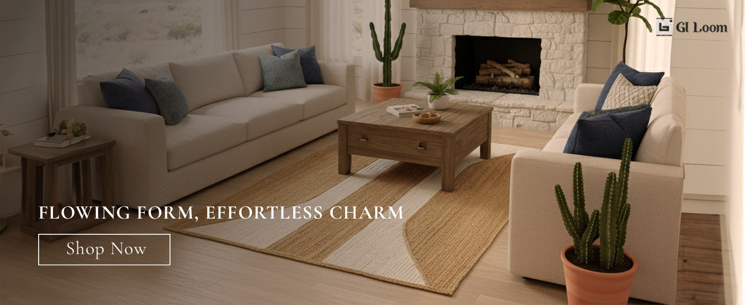 Handcrained Hemp Rug with Natural Curved Stripes - Organic Elegance - a3