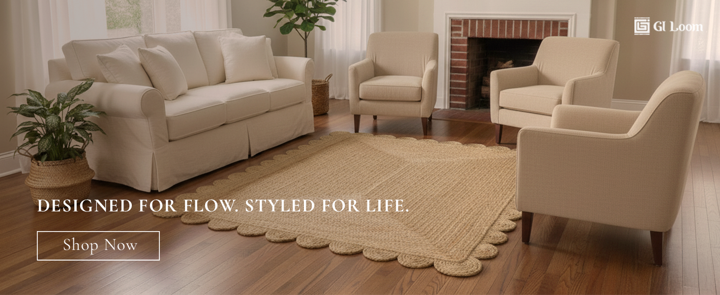 Scalloped Border Jute RugRustic Handbraided Bohemian Floor Accent - a2