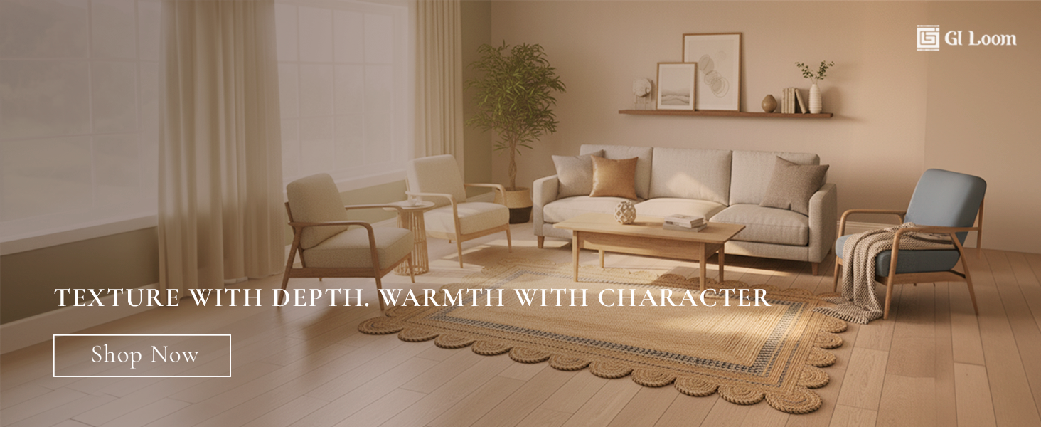 Scalloped Border Jute Rug with Charcoal AccentsHandwoven Boho Floor Decor - a2