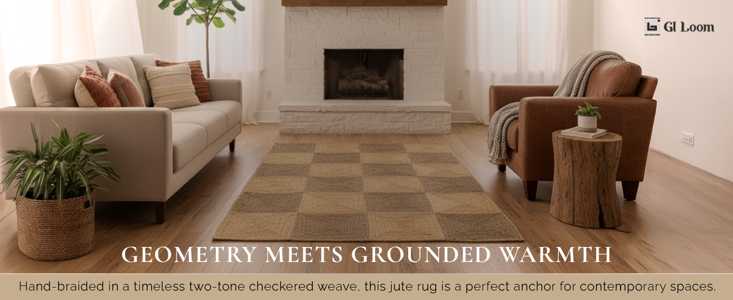 Checkered Jute RugHandcrained Rustic Two-Tone Flatweave - a1