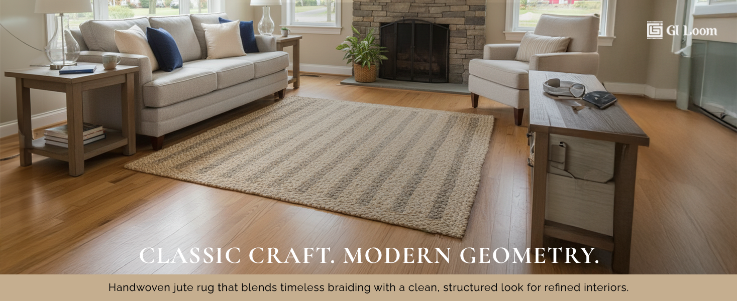 Rectangular Jute Braided RugHandwoven Neutral Rustic Accent - a1