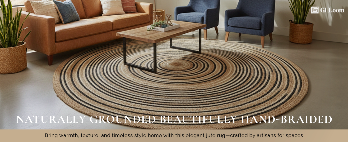Round Jute Rug with Black Spiral DesignArtisan Handbraided Eco-Friendly Decor - a2
