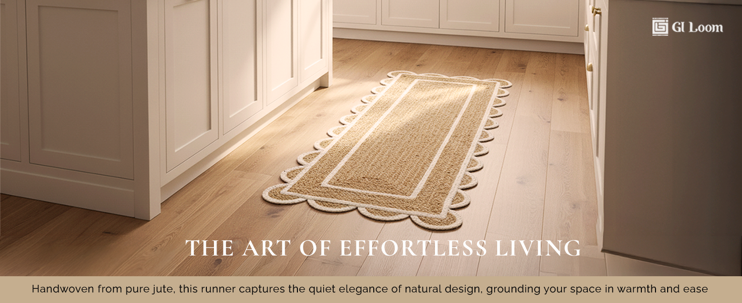 Handwoven Jute Runner Rug with White Scalloped BorderBoho Kitchen & Hallway - a2