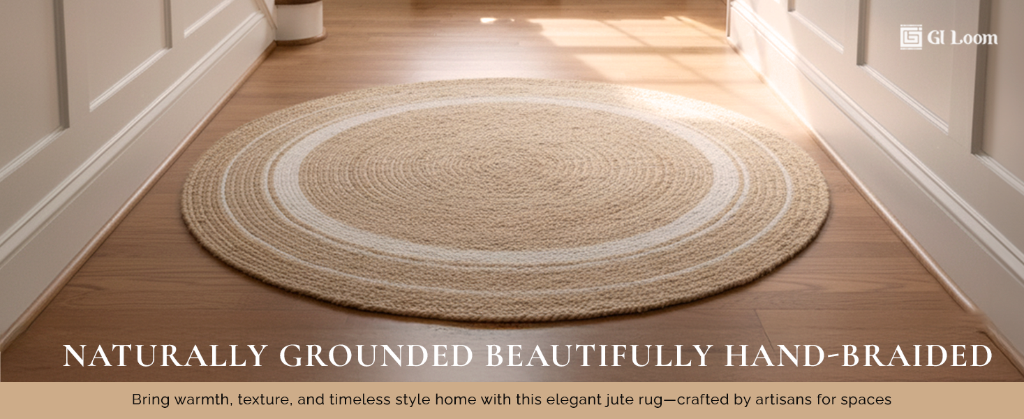 Round Jute Rug with White AccentsHandbraided Boho Chic Decor - a2