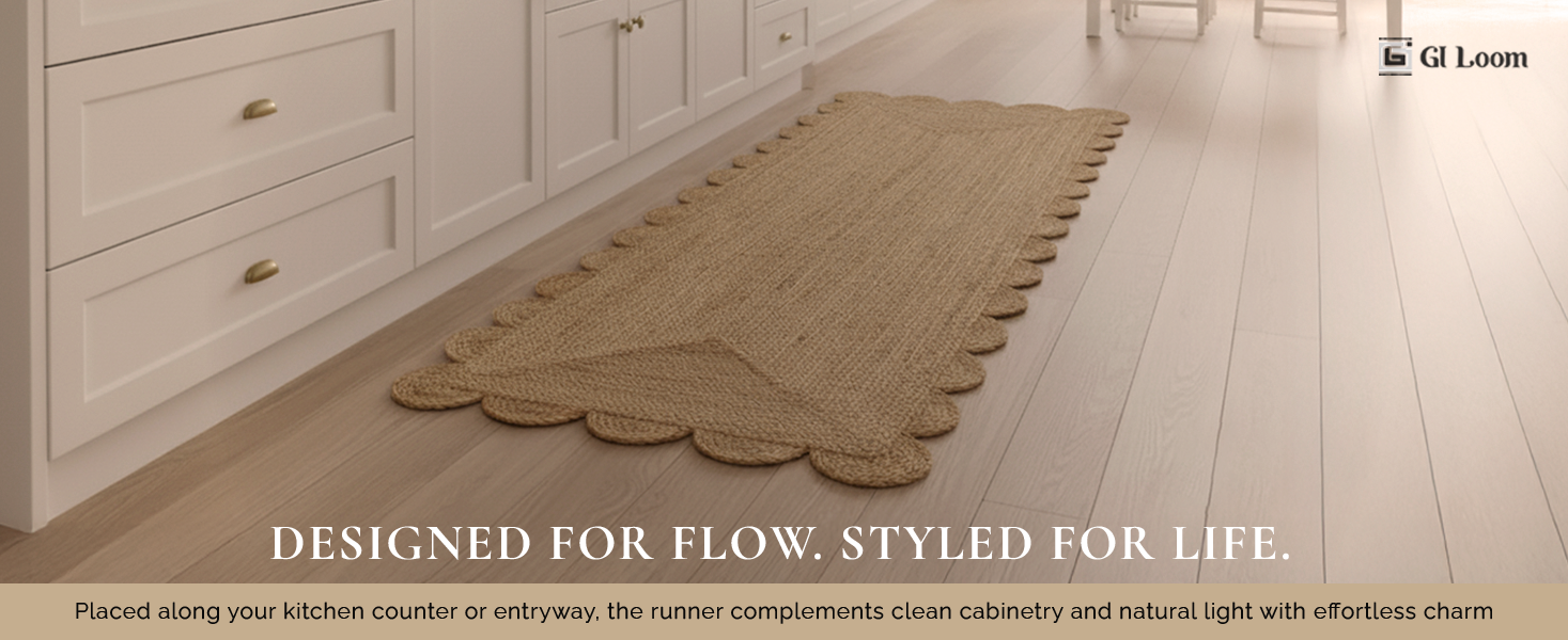 Natural Jute Runner Rug with Scalloped EdgesEco-Friendly Handbraided Design - a1