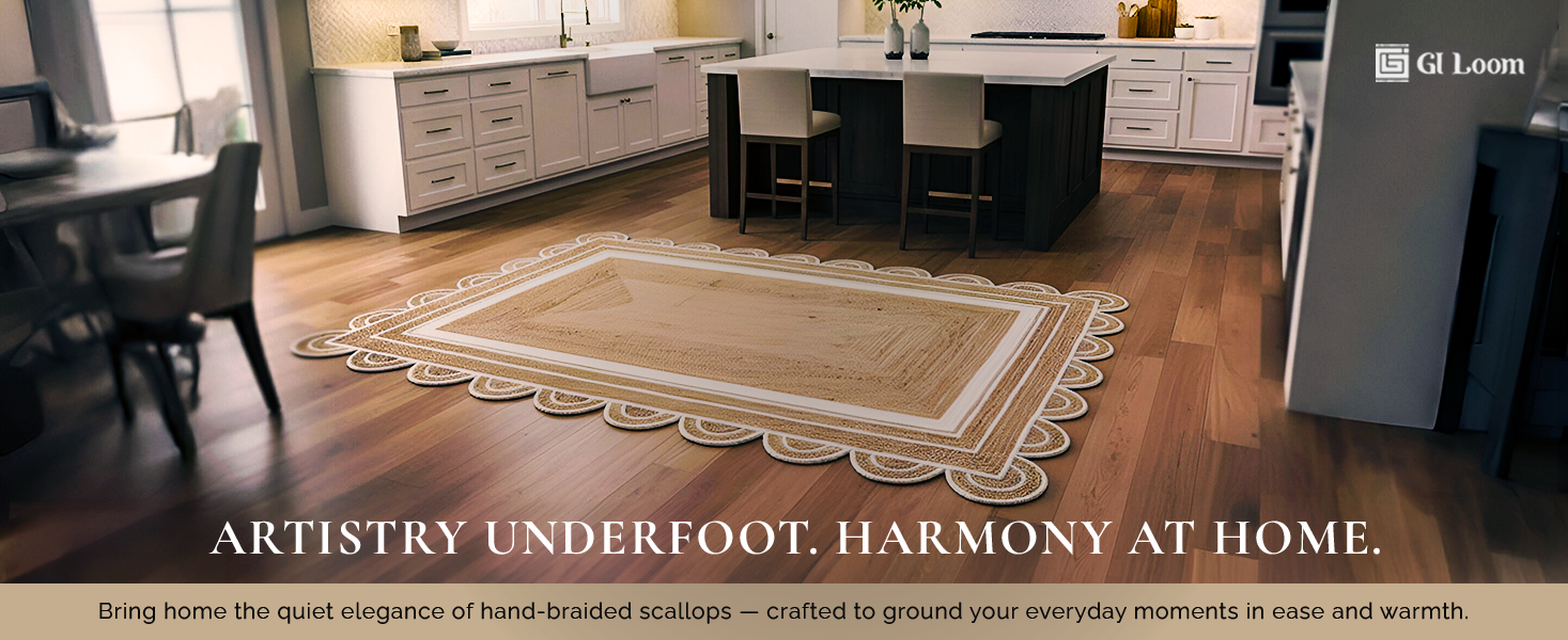 Scalloped Edge Jute RugHandbraided Natural Boho Accent - a1