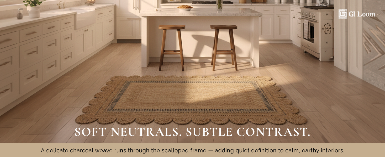 Scalloped Border Jute Rug with Charcoal AccentsHandwoven Boho Floor Decor - a1