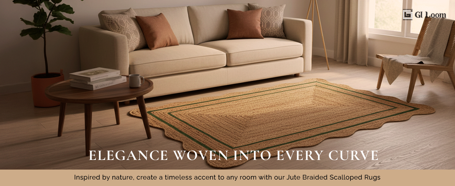 Handwoven Jute Rug with White Scalloped Border - a2