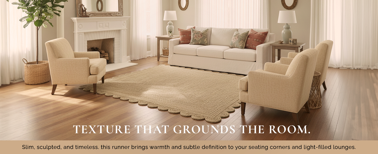 Scalloped Border Jute RugRustic Handbraided Bohemian Floor Accent - a1