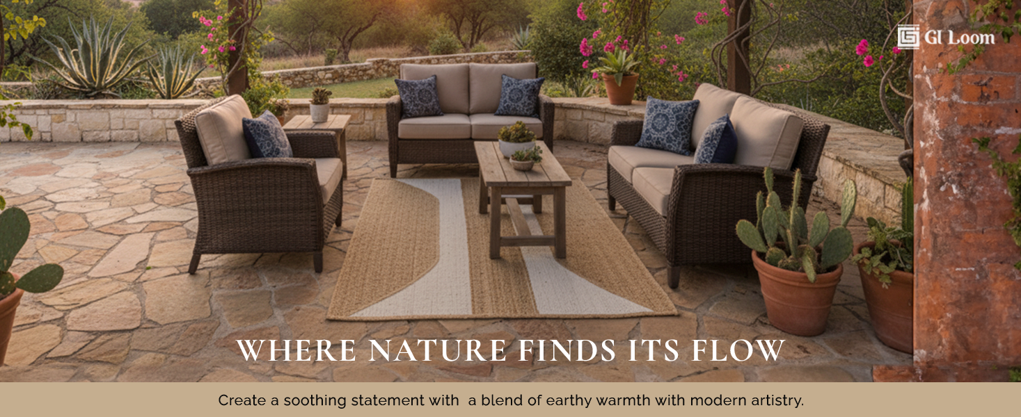 Handcrained Hemp Rug with Natural Curved Stripes - Organic Elegance - a2