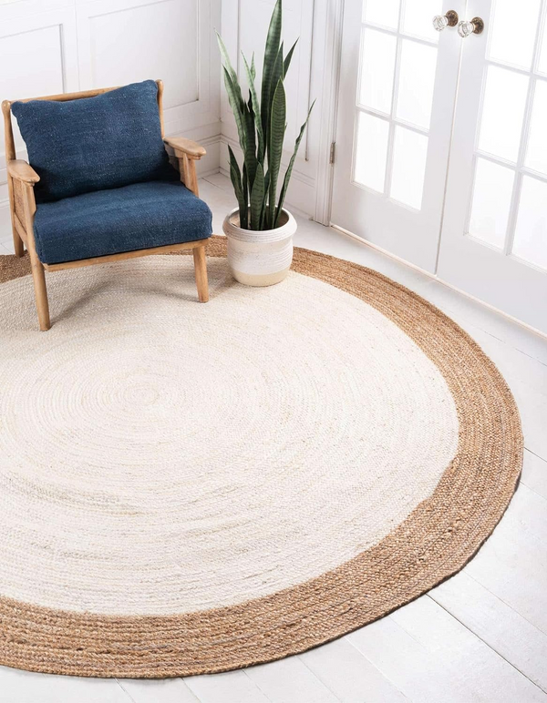 Handwoven Round Jute Rug with Natural Border | Ivory Braided Area Rug | Boho Farmhouse Living Room Rug