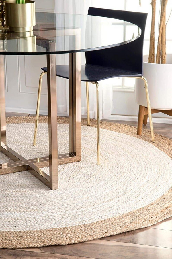 Handwoven Round Jute Rug with Natural Border | Ivory Braided Area Rug | Boho Farmhouse Living Room Rug