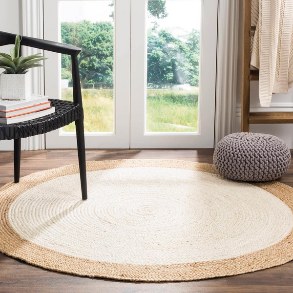 Handwoven Round Jute Rug with Natural Border | Ivory Braided Area Rug | Boho Farmhouse Living Room Rug