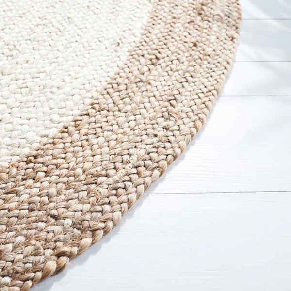 Handwoven Round Jute Rug with Natural Border | Ivory Braided Area Rug | Boho Farmhouse Living Room Rug