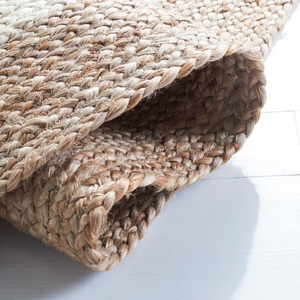Handwoven Round Jute Rug with Natural Border | Ivory Braided Area Rug | Boho Farmhouse Living Room Rug