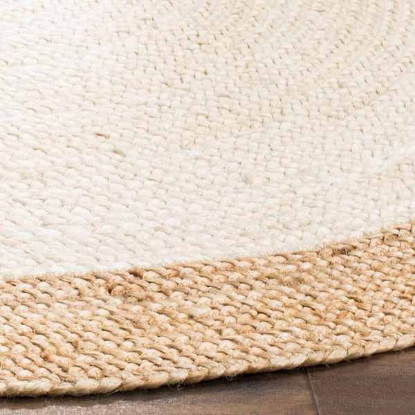 Handwoven Round Jute Rug with Natural Border | Ivory Braided Area Rug | Boho Farmhouse Living Room Rug