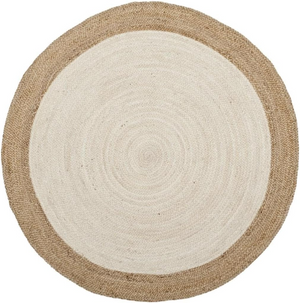 Handwoven Round Jute Rug with Natural Border | Ivory Braided Area Rug | Boho Farmhouse Living Room Rug