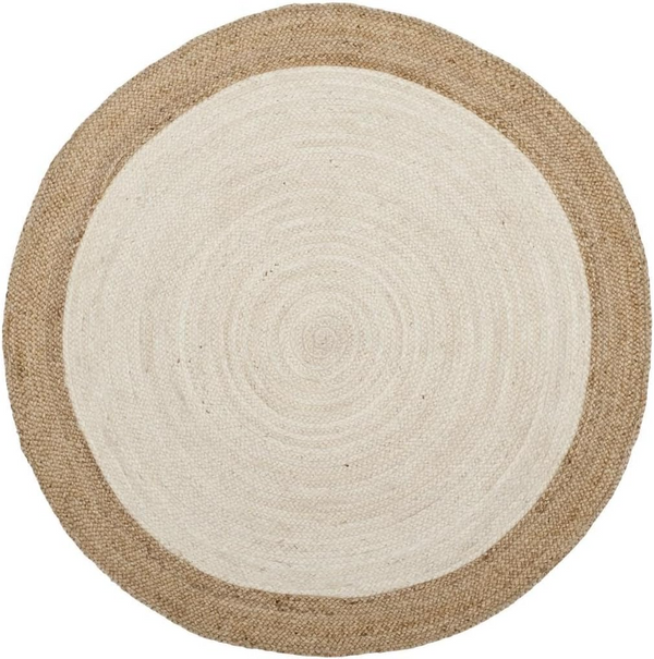 Handwoven Round Jute Rug with Natural Border | Ivory Braided Area Rug | Boho Farmhouse Living Room Rug
