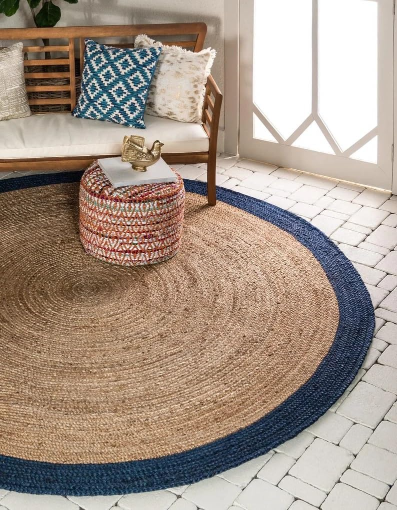 Natural Jute Round Rug with Navy Blue Border Handwoven Braided Area Rug