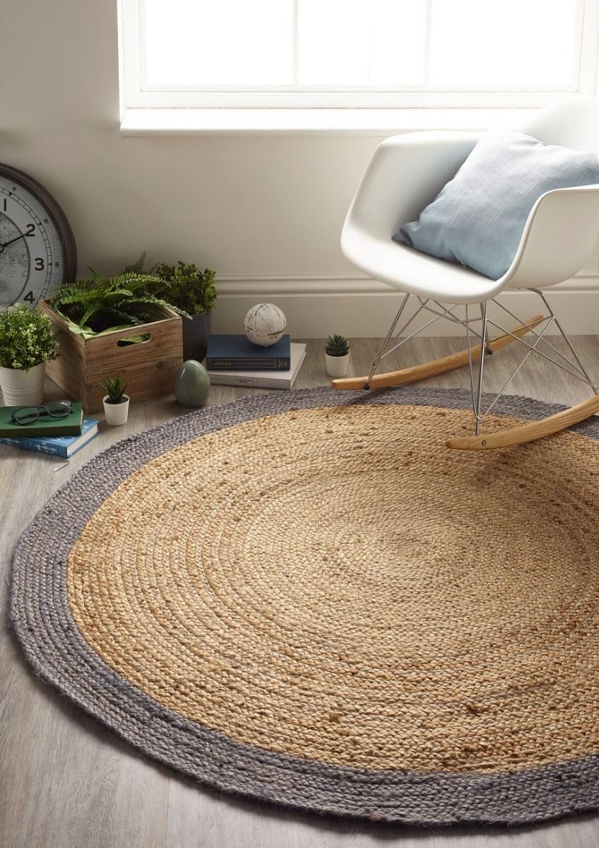 Round natural jute rug with gray border for living room decor