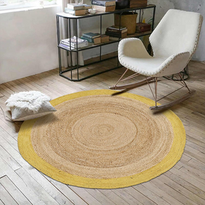 Handwoven Round Jute Rug with Yellow Border Natural Braided Area Rug