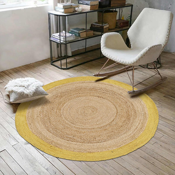 Handwoven Round Jute Rug with Yellow Border Natural Braided Area Rug