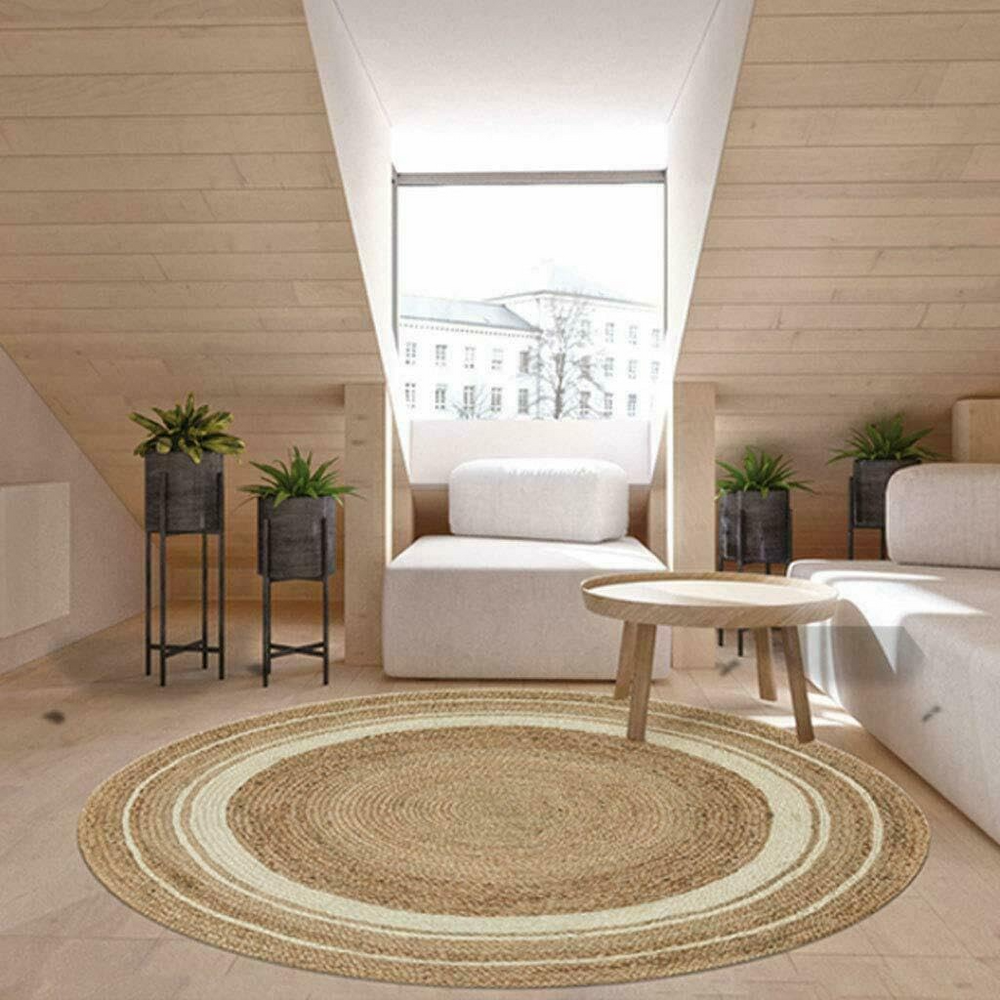 Handwoven Round Jute Rug with White Border Natural Boho Area Rug