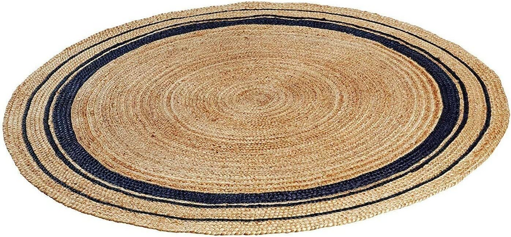 Handwoven Round Jute Rug with Navy Blue Stripes, Natural Braided Area Rug, Boho Farmhouse Living Room Decor