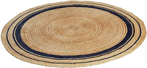 Handwoven Round Jute Rug with Navy Blue Stripes, Natural Braided Area Rug, Boho Farmhouse Living Room Decor
