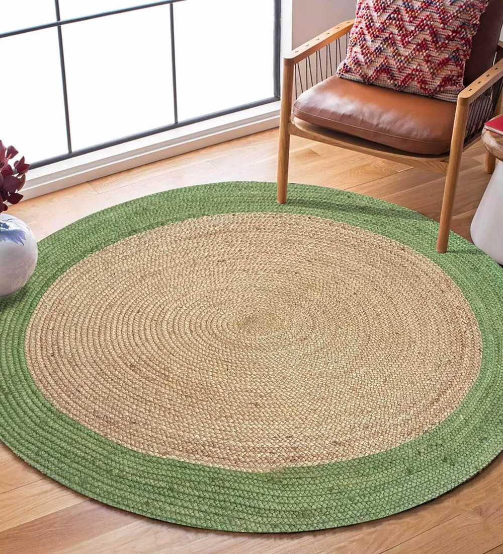 Round Natural Jute Rug with Green Border Handwoven Braided Area Rug Boho Farmhouse Rug
