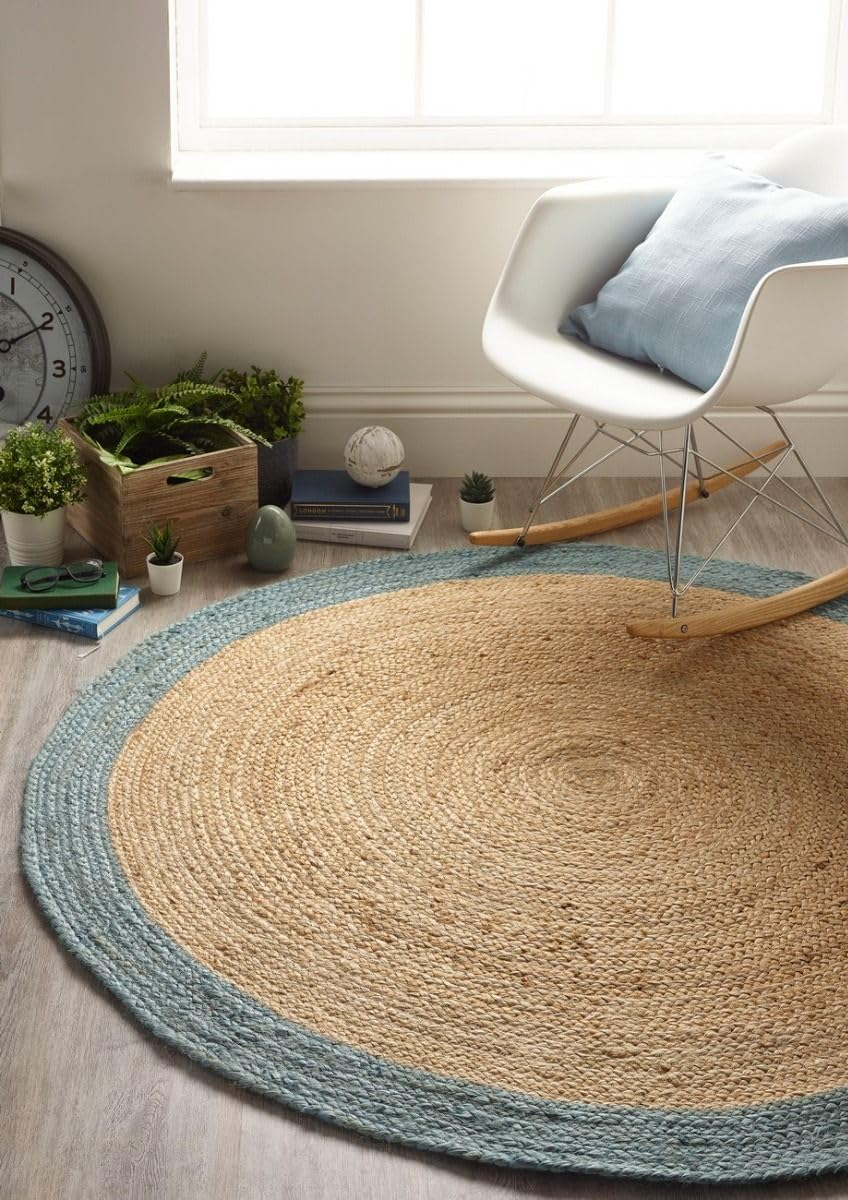 Round Natural Jute Rug with Teal Blue Border Handwoven Braided Area Rug