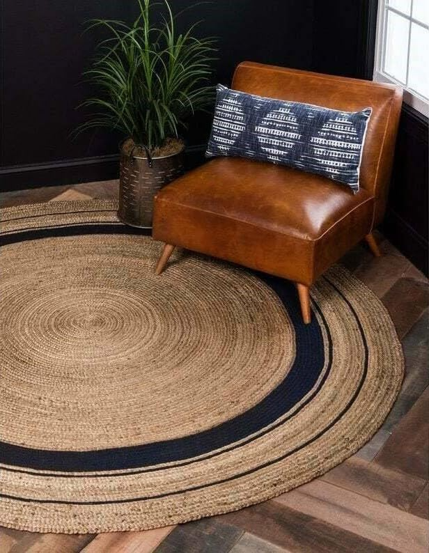 Handwoven Round Jute Rug with Black Stripes - Natural Braided Boho Area Rug