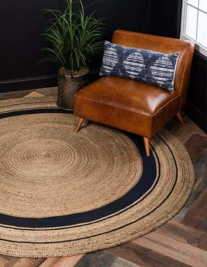 Handwoven Round Jute Rug with Black Stripes - Natural Braided Boho Area Rug