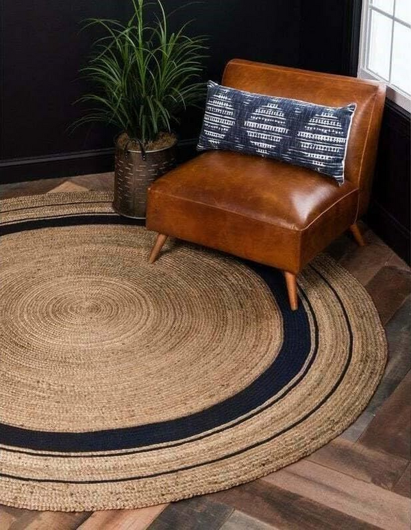Handwoven Round Jute Rug with Black Stripes - Natural Braided Boho Area Rug