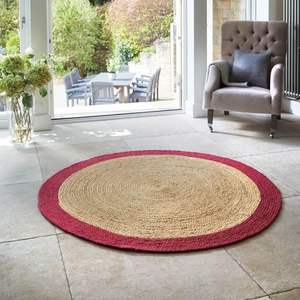 Handwoven Round Jute Rug with Burgundy Border Natural Braided Jute Area Rug