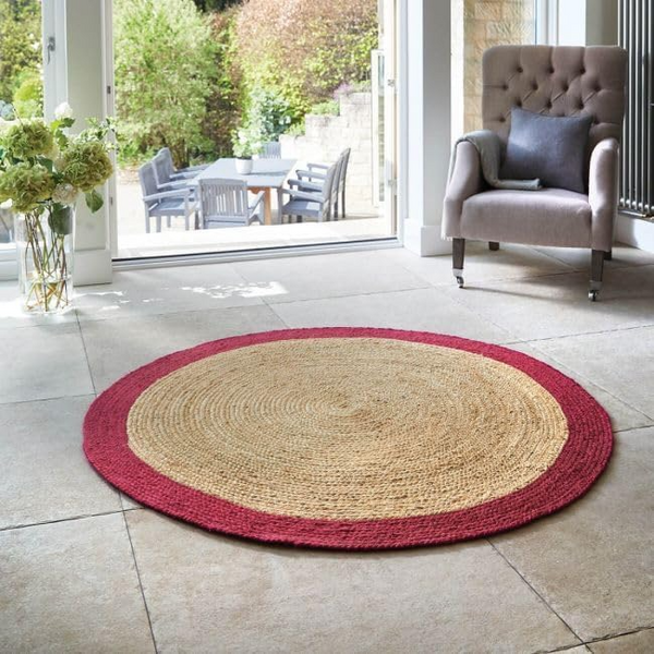 Handwoven Round Jute Rug with Burgundy Border Natural Braided Jute Area Rug