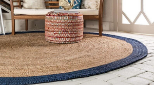 Natural Jute Round Rug with Navy Blue Border Handwoven Braided Area Rug