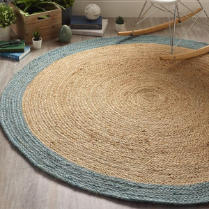 Round Natural Jute Rug with Teal Blue Border Handwoven Braided Area Rug