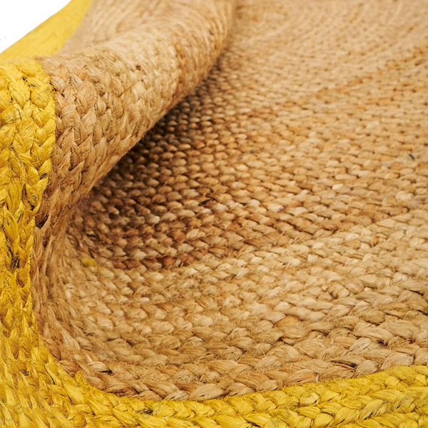 Handwoven Round Jute Rug with Yellow Border Natural Braided Area Rug