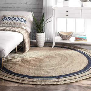 Handwoven Round Jute Rug with Black Stripes - Natural Braided Boho Area Rug