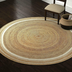 Handwoven Round Jute Rug with White Border Natural Boho Area Rug