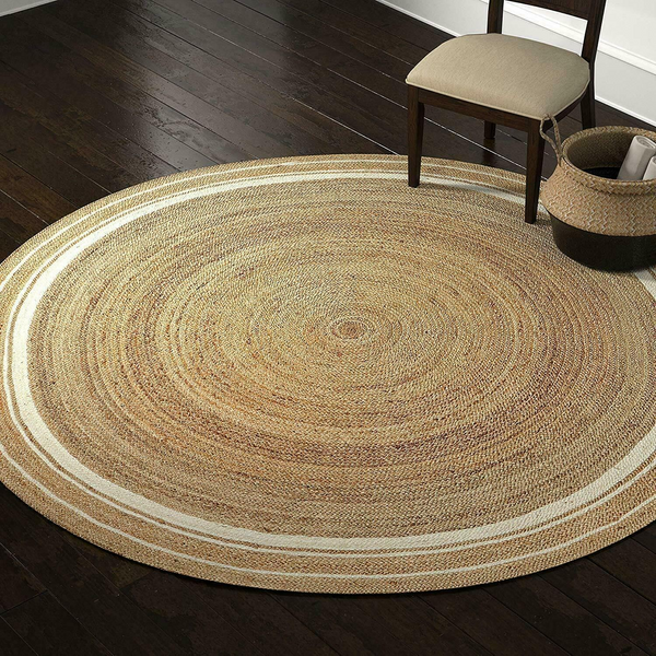 Handwoven Round Jute Rug with White Border Natural Boho Area Rug