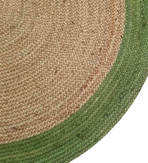 Round Natural Jute Rug with Green Border Handwoven Braided Area Rug Boho Farmhouse Rug