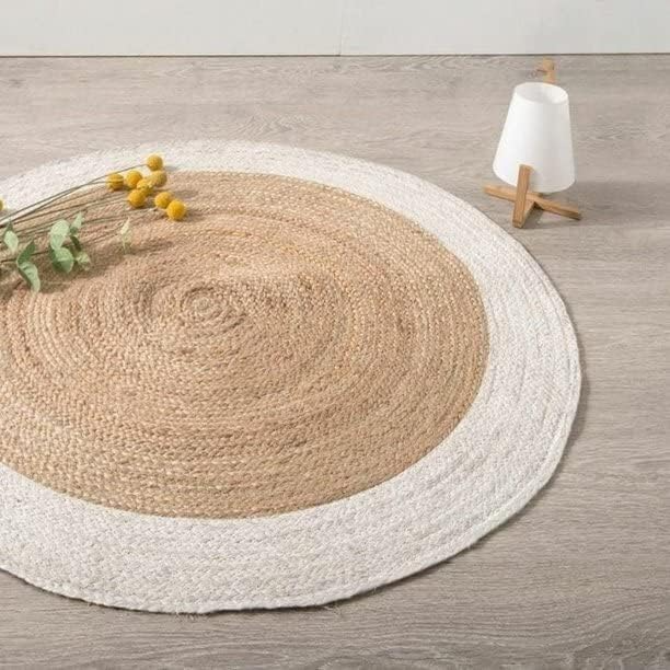 Round Natural Jute Rug with Ivory Border Handwoven Braided Area Rug