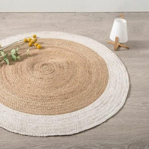 Round Natural Jute Rug with Ivory Border Handwoven Braided Area Rug