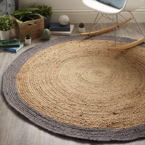 Round natural jute rug with gray border for living room decor